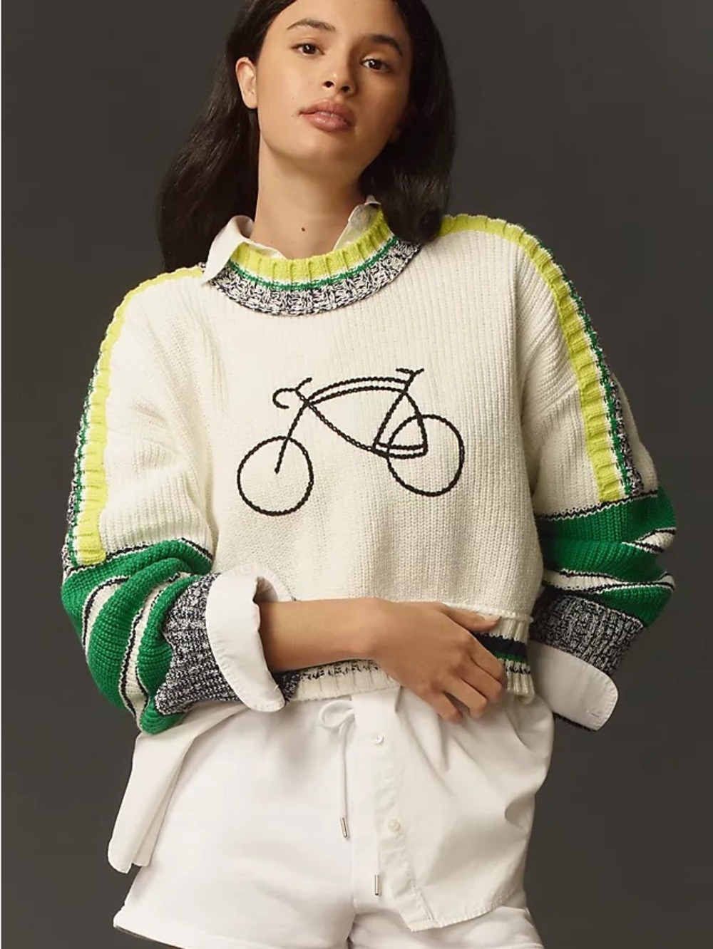 Anthropologie Daily Practice Le Tour Crop CrewNeck Sweater knit bicycle deFrance - Picture 8 of 10